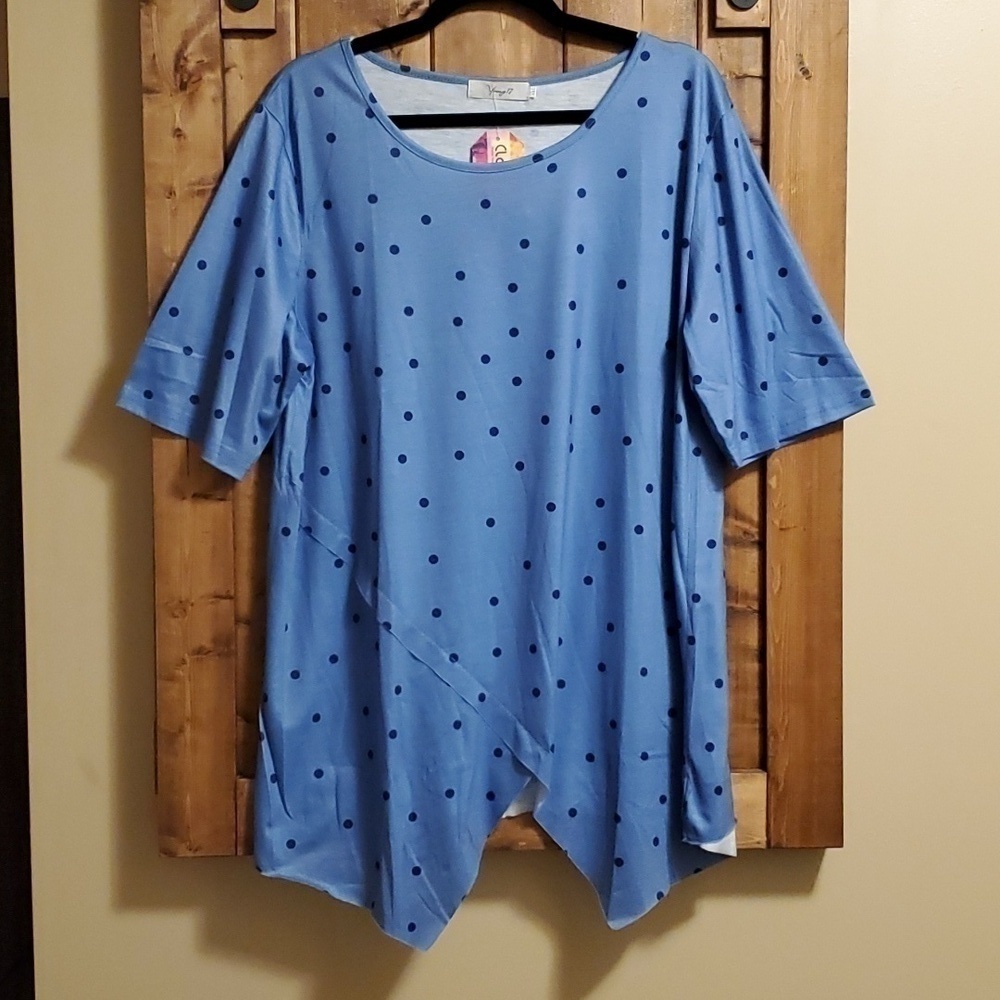 YOUNG 17 Blue Polka Dot Asymmetrical Hem Stretch Tshirt Size 3X
